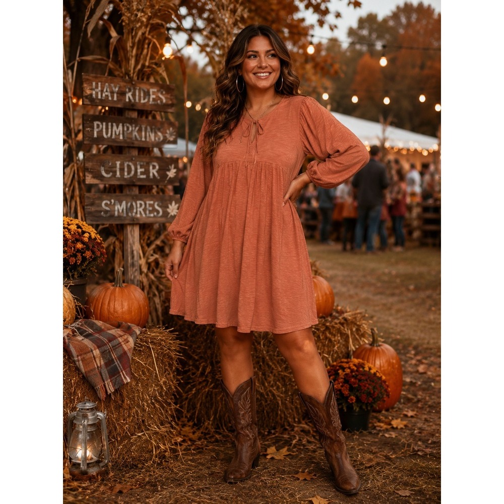 Torrid Mini Vintage Slub 3Qtr Tie Yoke Dress Raw Sienna Orange Boho Size 0 L 12